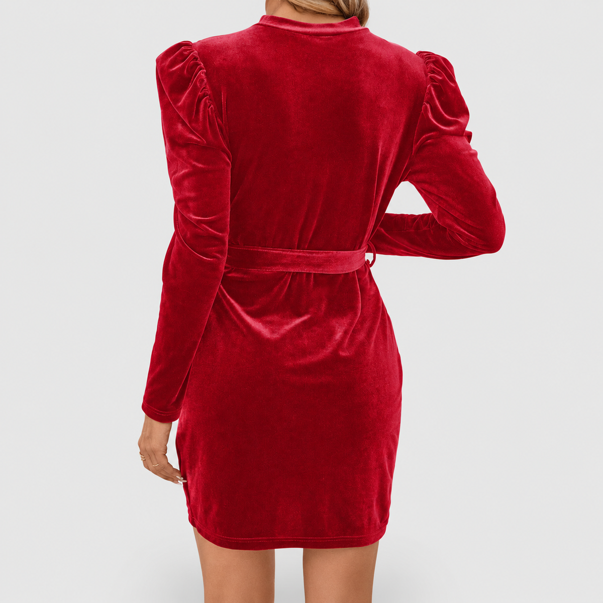 Women's Puff Sleeve Velvet Mini Dress with Tie Belt — view 3