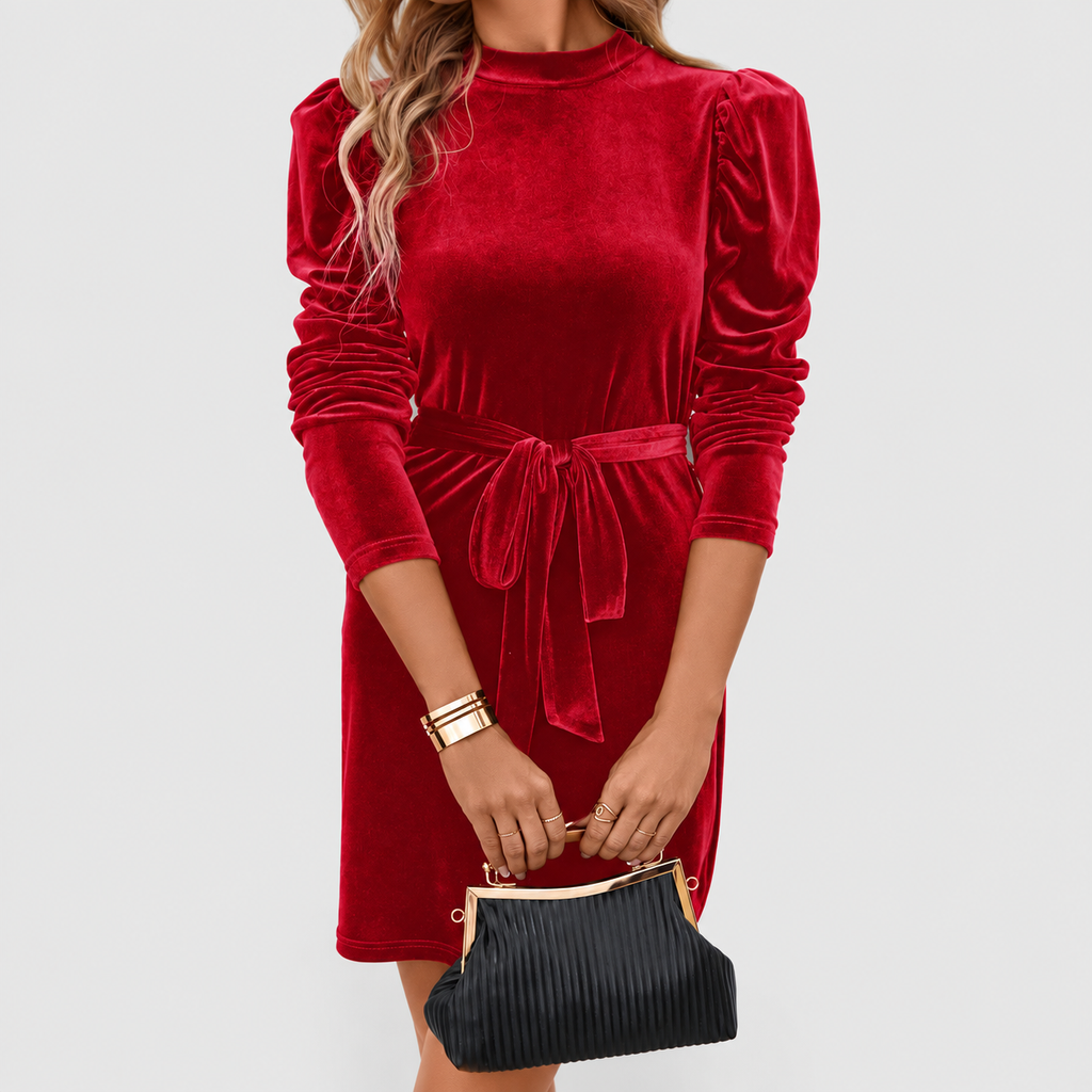 Women's Puff Sleeve Velvet Mini Dress with Tie Belt — view 4