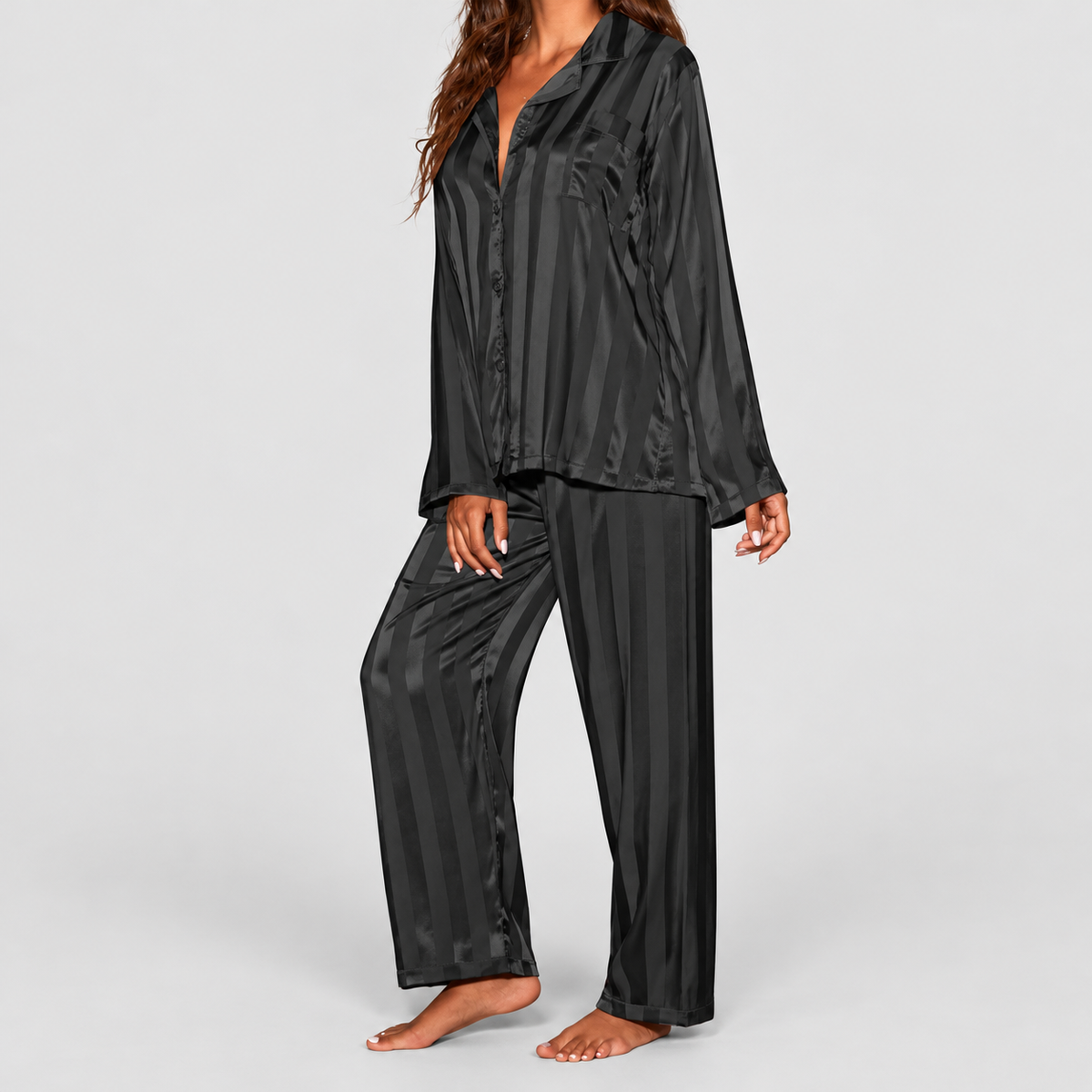 Women's Satin-Look Pyjama Set with Long Sleeves and Button Closure — view 11