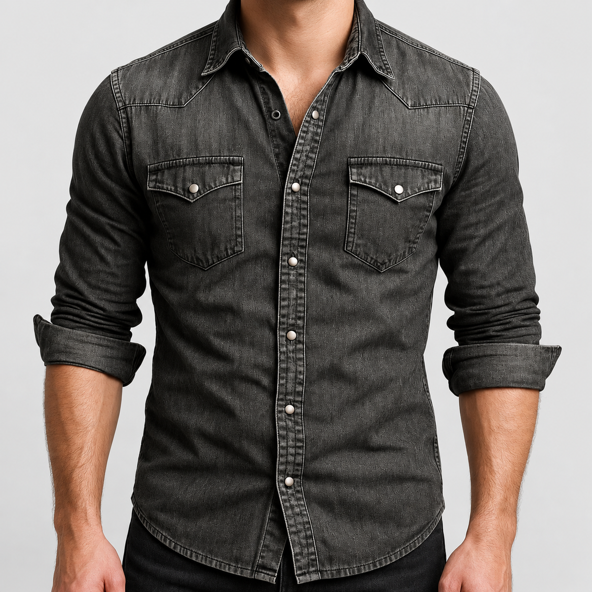 Men's Casual Denim Shirt in Black — view 5