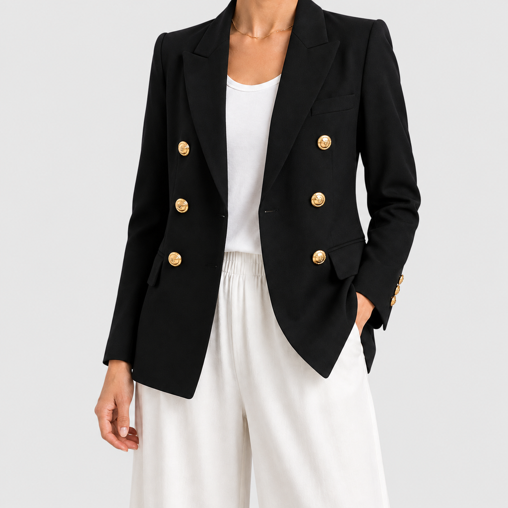 Women's Double-Breasted Blazer with Gold-Tone Buttons in Black — view 1