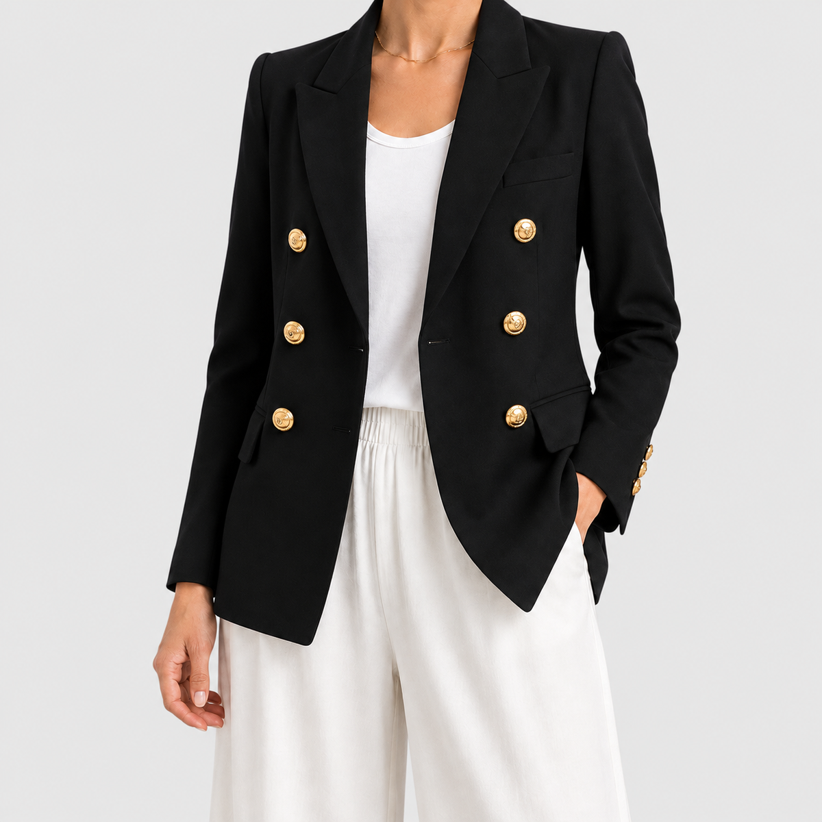 Women's Double-Breasted Blazer with Gold-Tone Buttons in Black — view 1