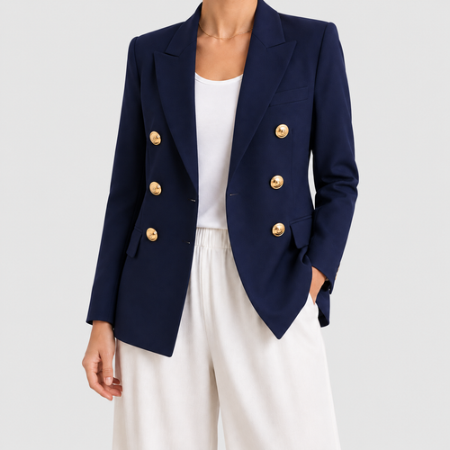 Women's Double-Breasted Blazer with Gold-Tone Buttons in Navy — view 2
