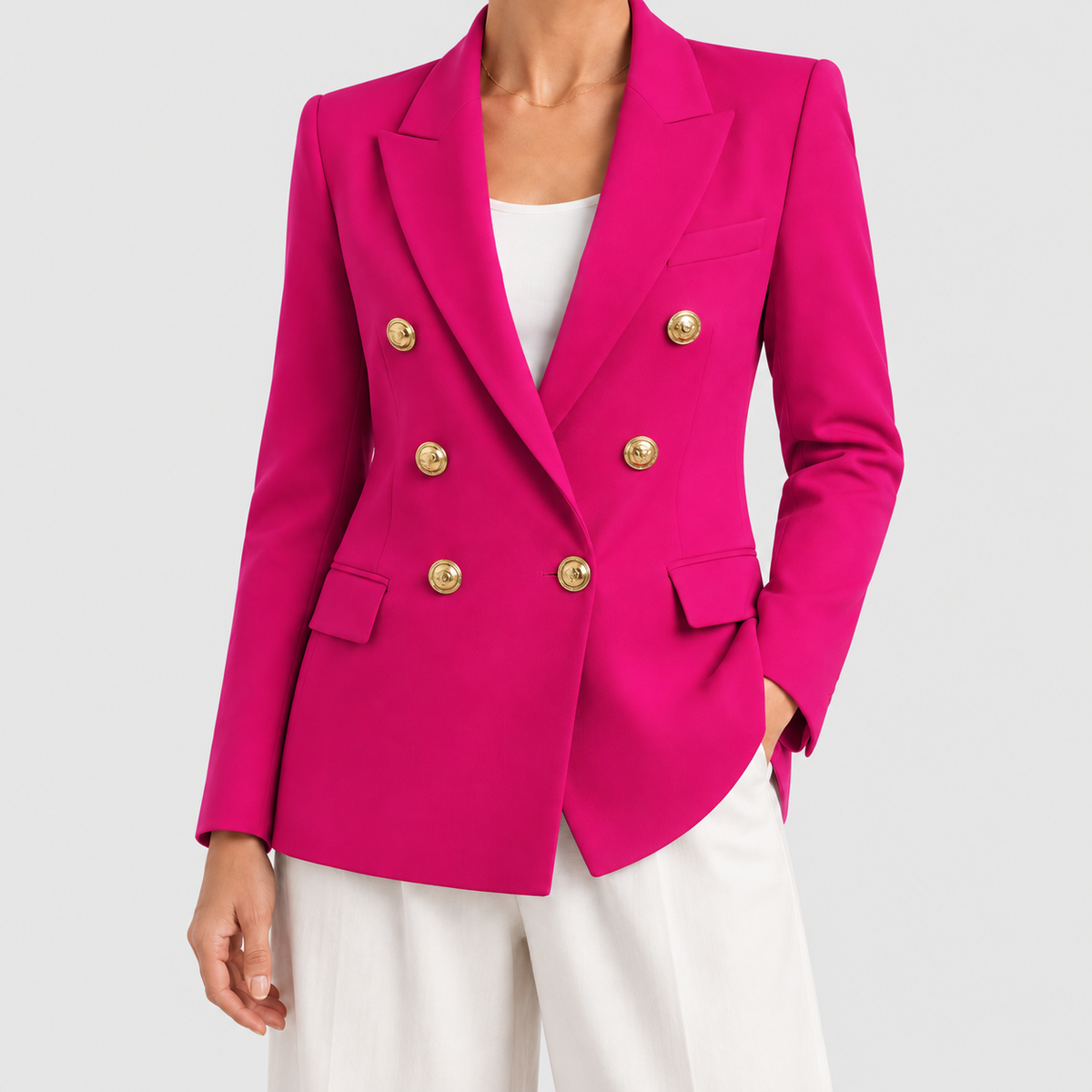 Women's Double-Breasted Blazer with Gold-Tone Buttons in Pink — view 4