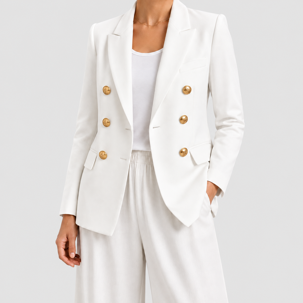 Women's Double-Breasted Blazer with Gold-Tone Buttons in White — view 5