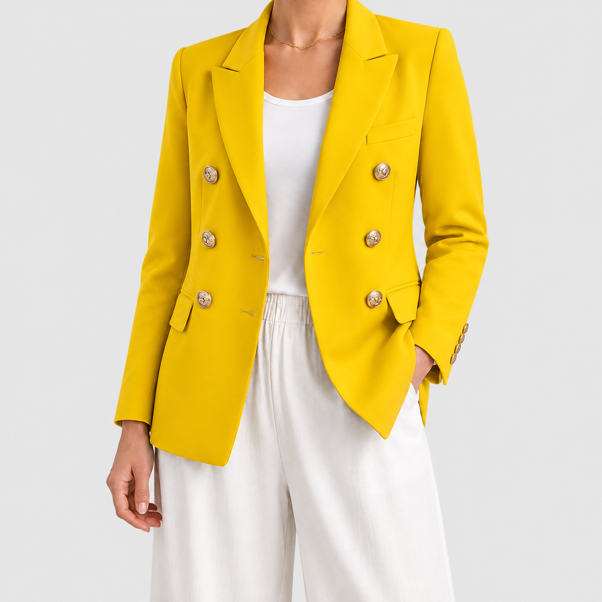 Women's Double-Breasted Blazer with Gold-Tone Buttons in Yellow — view 6