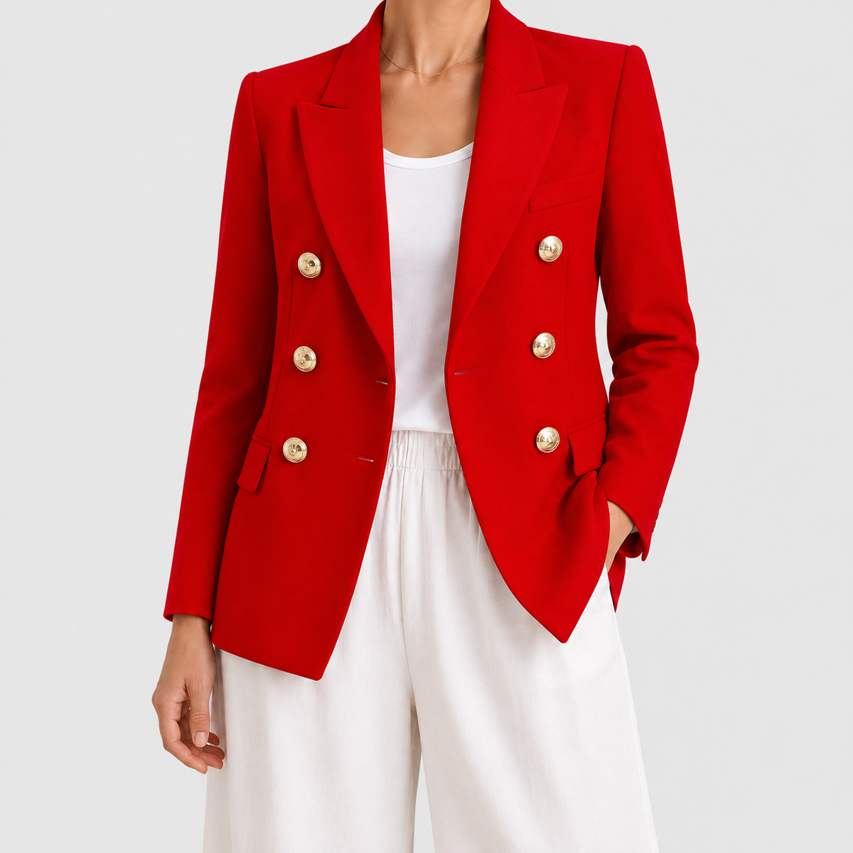 Women's Double-Breasted Blazer with Gold-Tone Buttons in Red — view 7