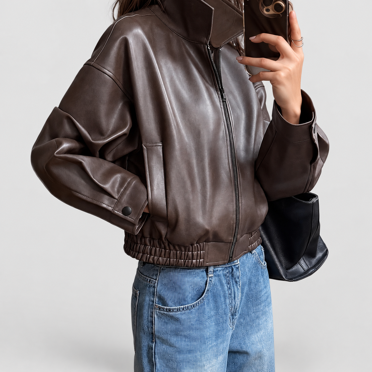Women's Cropped Zip-Up Faux Leather Bomber Jacket — view 1
