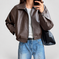 Women's Cropped Zip-Up Faux Leather Bomber Jacket in Dark Brown — view 2