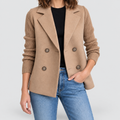 Women's Double-Breasted Blazer Jacket with Ribbed Knit Sleeves in Beige — view 1