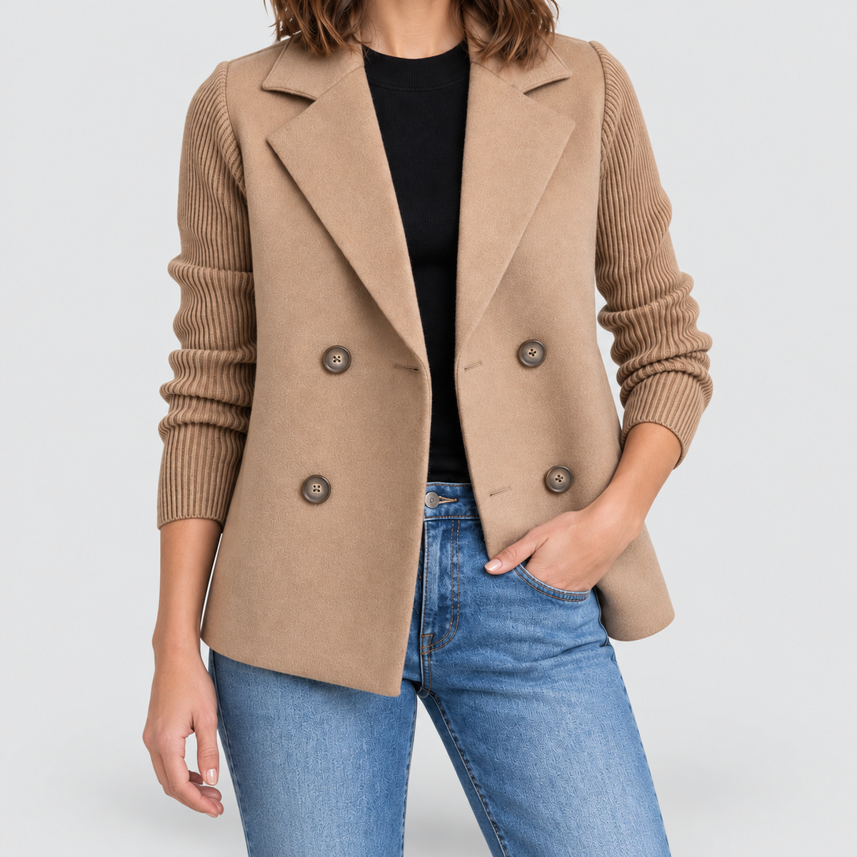 Women's Double-Breasted Blazer Jacket with Ribbed Knit Sleeves in Beige — view 1