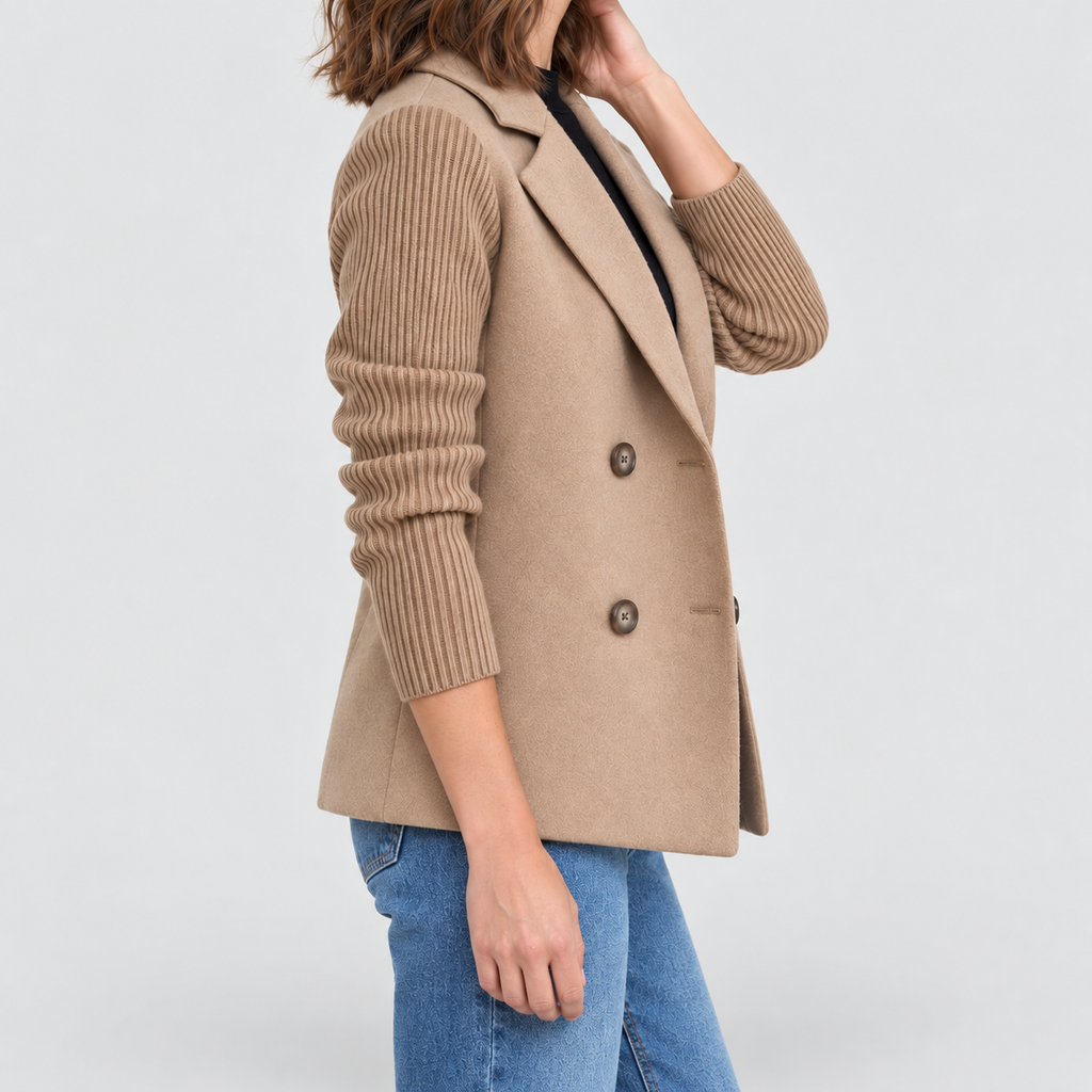 Women's Double-Breasted Blazer Jacket with Ribbed Knit Sleeves — view 2