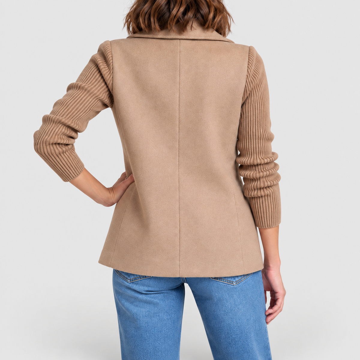 Women's Double-Breasted Blazer Jacket with Ribbed Knit Sleeves — view 3