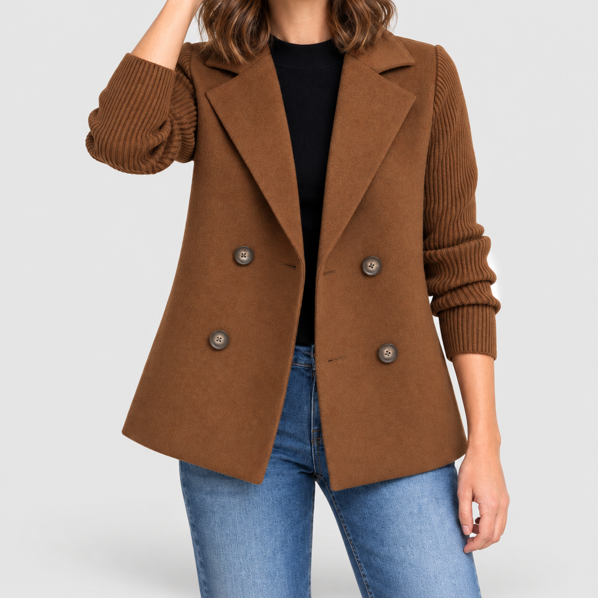Women's Double-Breasted Blazer Jacket with Ribbed Knit Sleeves in Brown — view 4