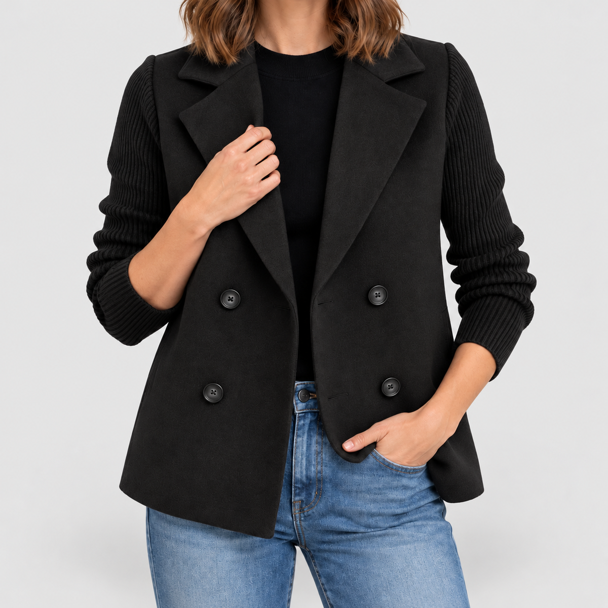 Women's Double-Breasted Blazer Jacket with Ribbed Knit Sleeves in Black — view 5