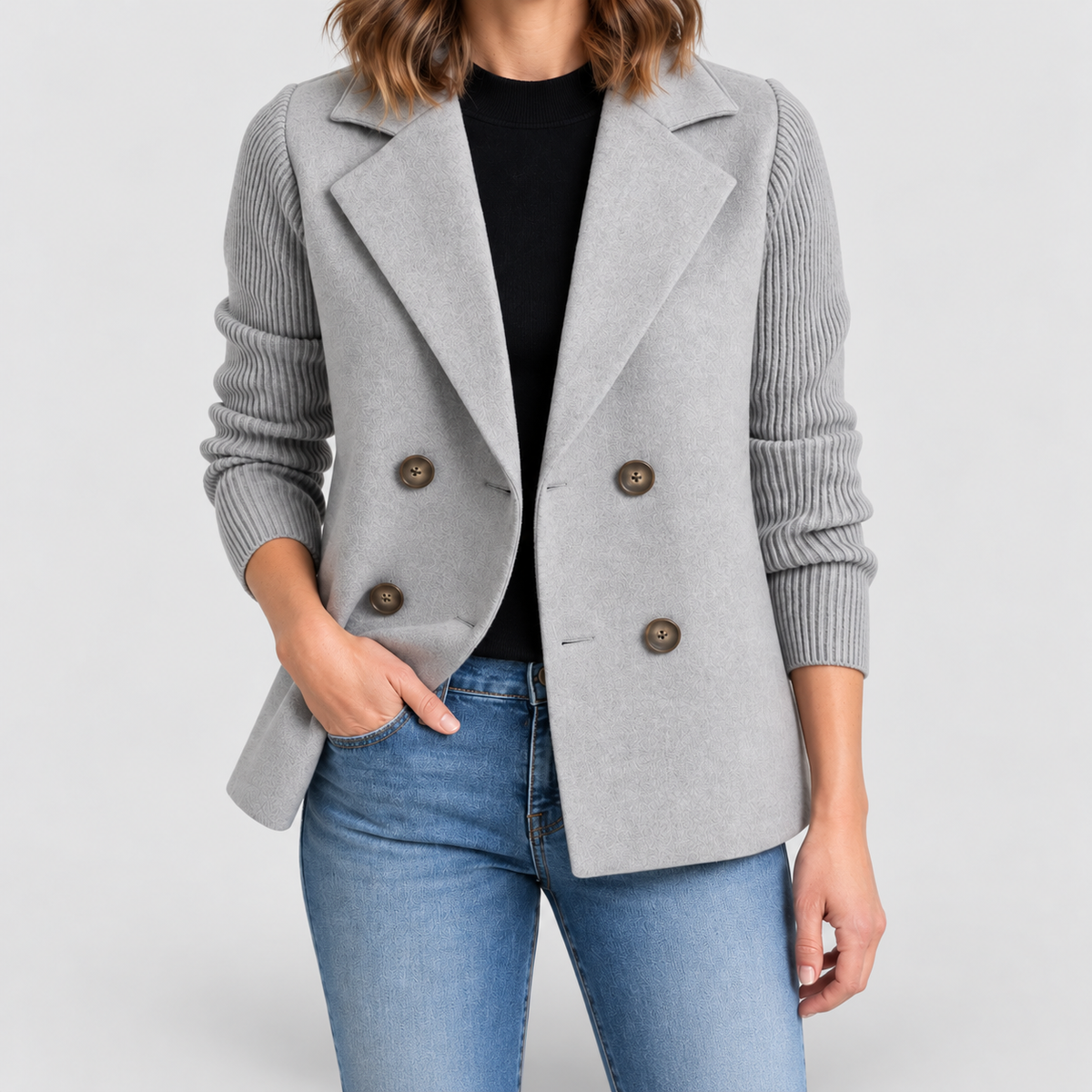 Women's Double-Breasted Blazer Jacket with Ribbed Knit Sleeves in Grey — view 6