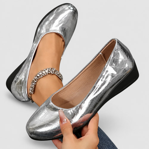Women's Glossy Slip-On Wedge Shoes in Silver — view 2