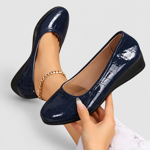 Women's Glossy Slip-On Wedge Shoes in Navy Blue — view 3