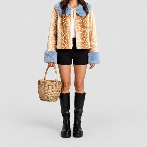 Women's Cropped Faux Fur Jacket with Contrast Trim in Light Brown — view 1