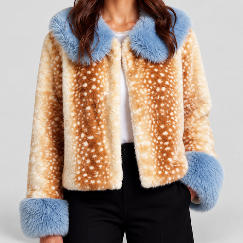 Women's Cropped Faux Fur Jacket with Contrast Trim — view 2