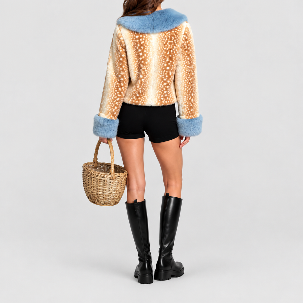 Women's Cropped Faux Fur Jacket with Contrast Trim — view 4