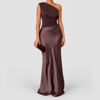 Women's One-Shoulder Draped Party Maxi Dress in Brown — view 1