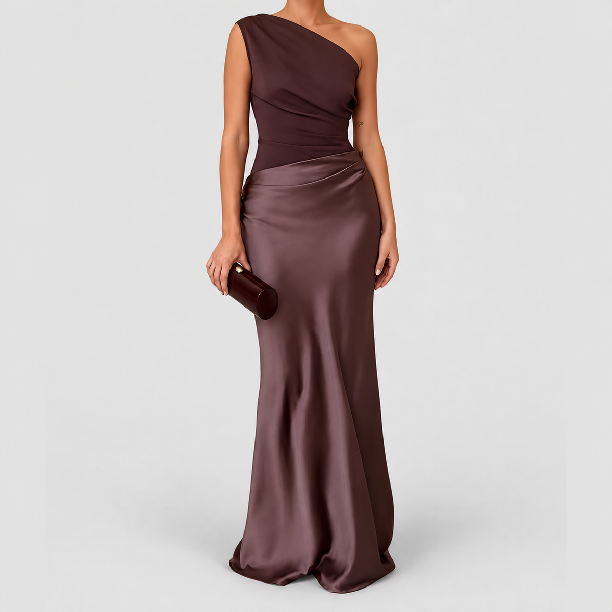 Women's One-Shoulder Draped Party Maxi Dress in Brown — view 1