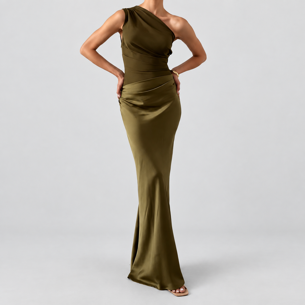 Women's One-Shoulder Draped Party Maxi Dress in Dark Green — view 2
