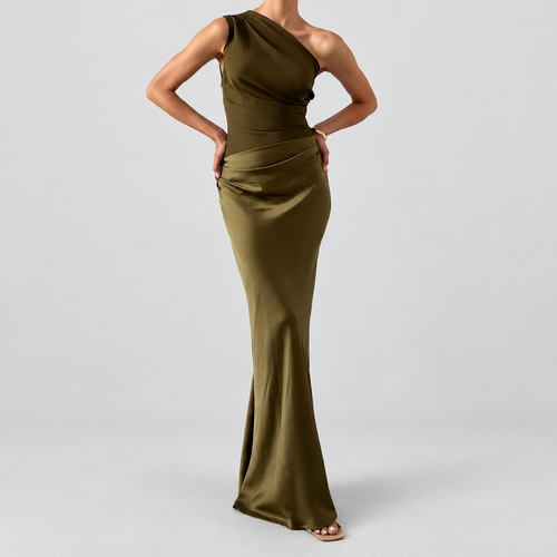Women's One-Shoulder Draped Party Maxi Dress in Dark Green — view 2