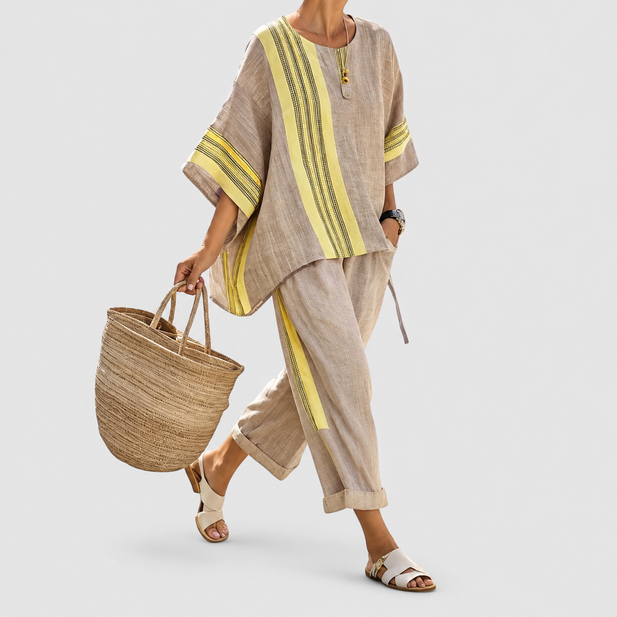 Women's Striped Top and Cropped Trouser Set in Yellow — view 6