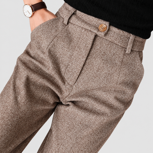 Men's High-Waisted Herringbone Pleated Trousers in Brown — view 1
