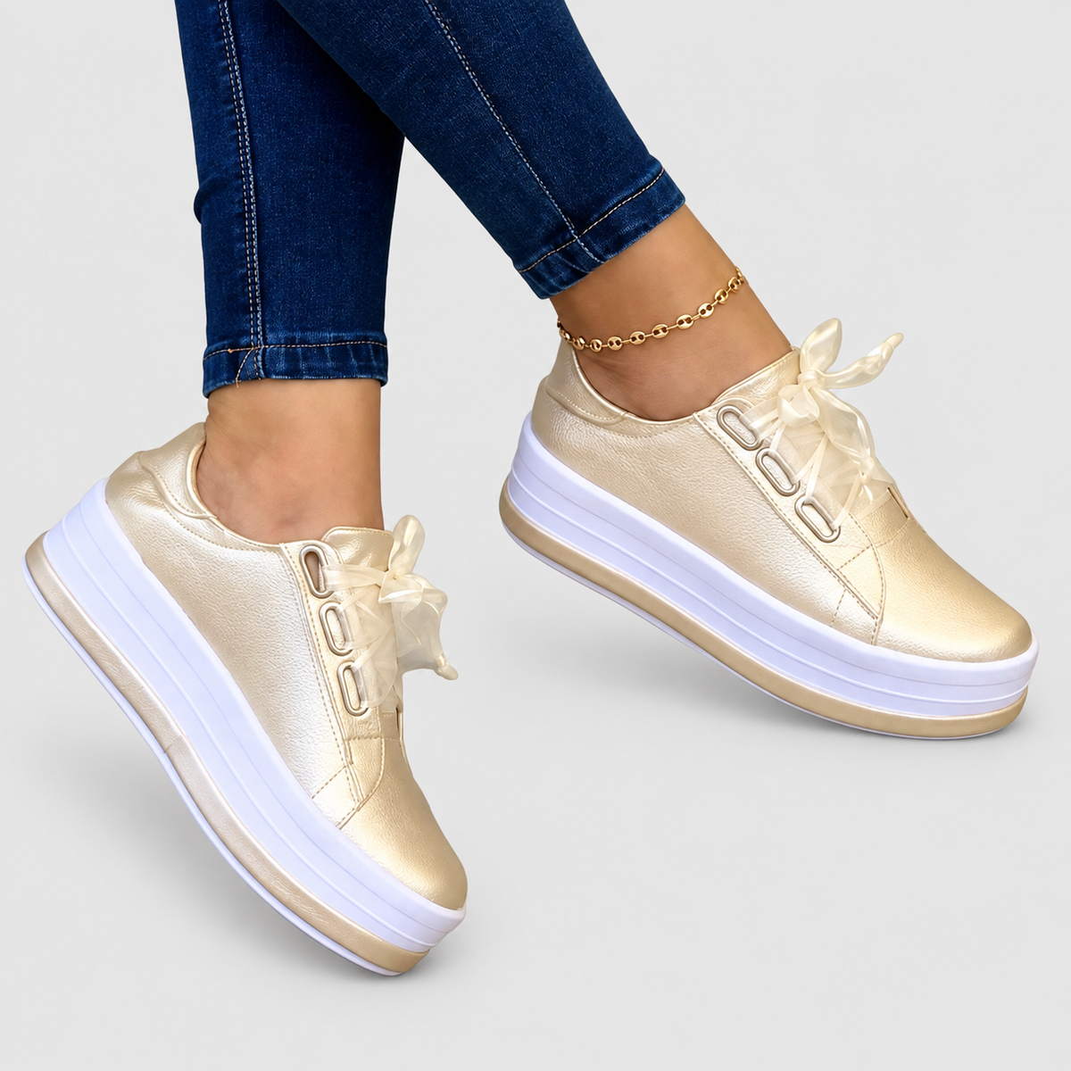 Women's Platform Trainers with Lace-Up Closure in Gold — view 1