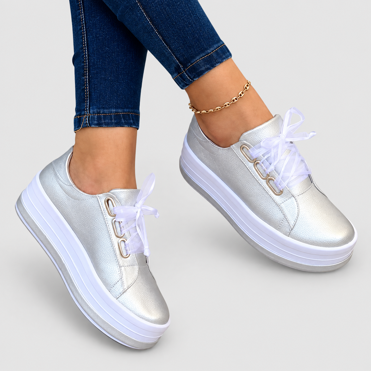 Women's Platform Trainers with Lace-Up Closure in Grey — view 2