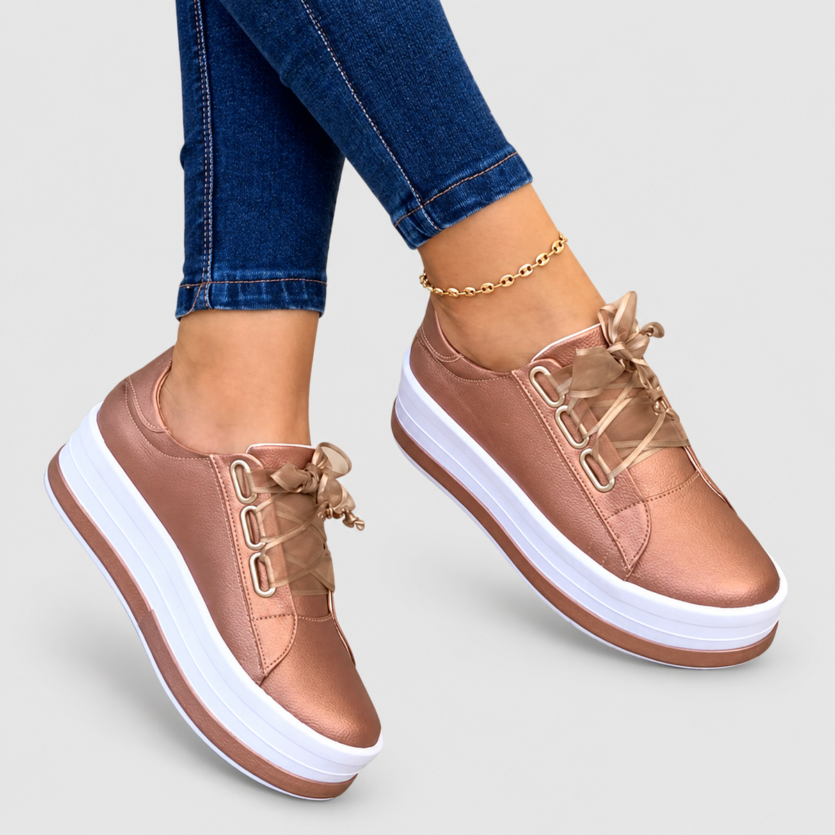 Women's Platform Trainers with Lace-Up Closure in Pink — view 3