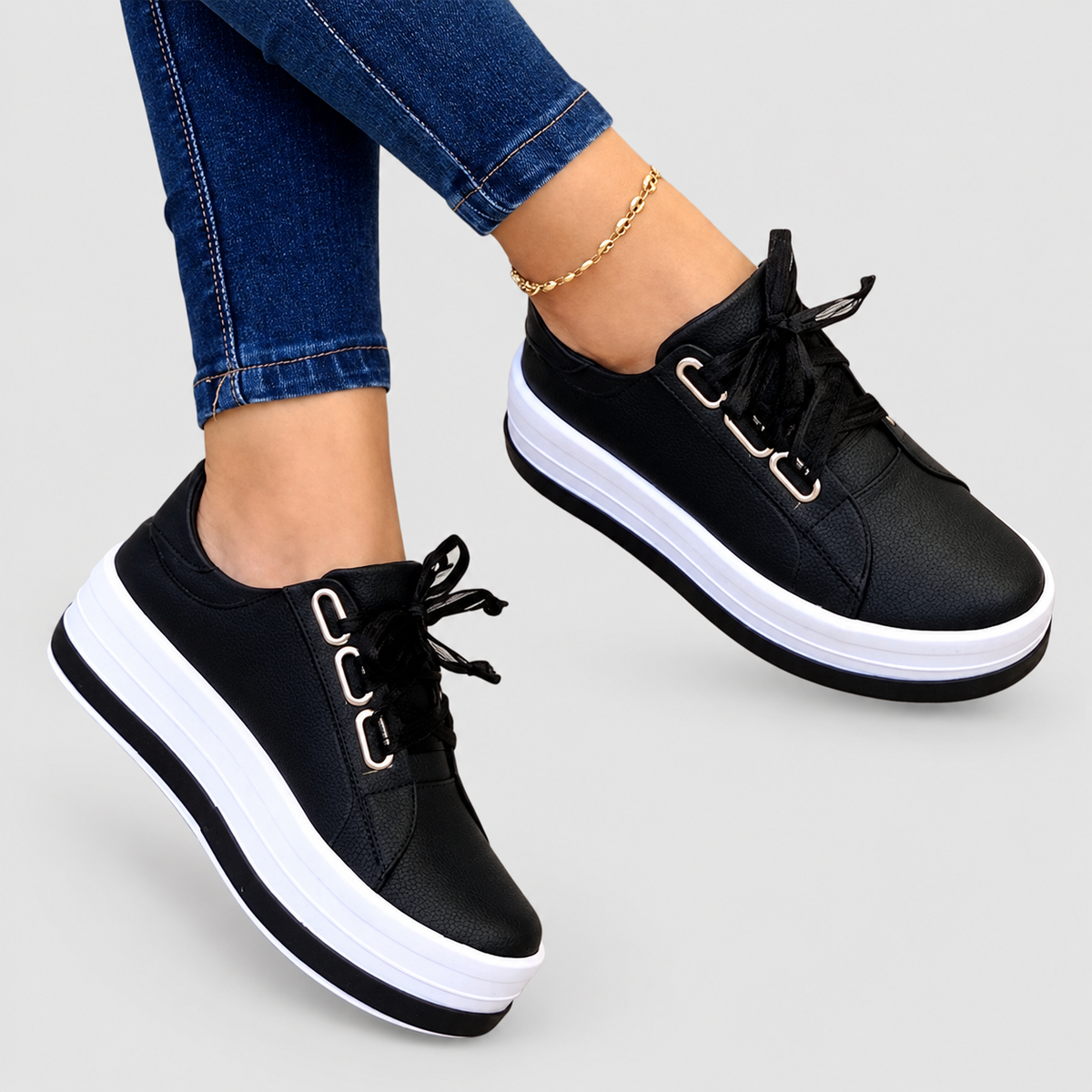 Women's Platform Trainers with Lace-Up Closure in Black — view 4