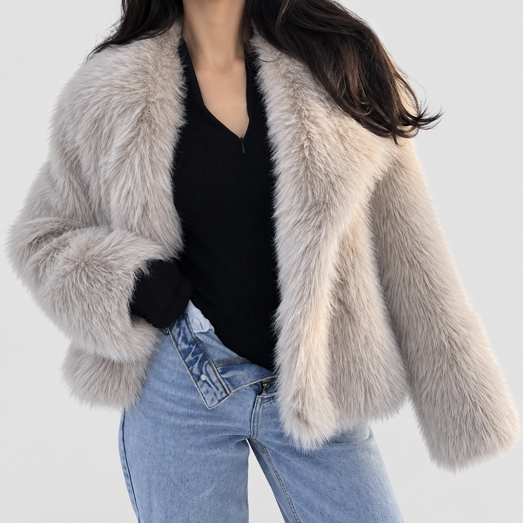 Women's Oversized Fluffy Large Lapel Coat in Beige — view 4