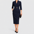 Women's Fitted Midi Dress with Belt in Navy — view 1