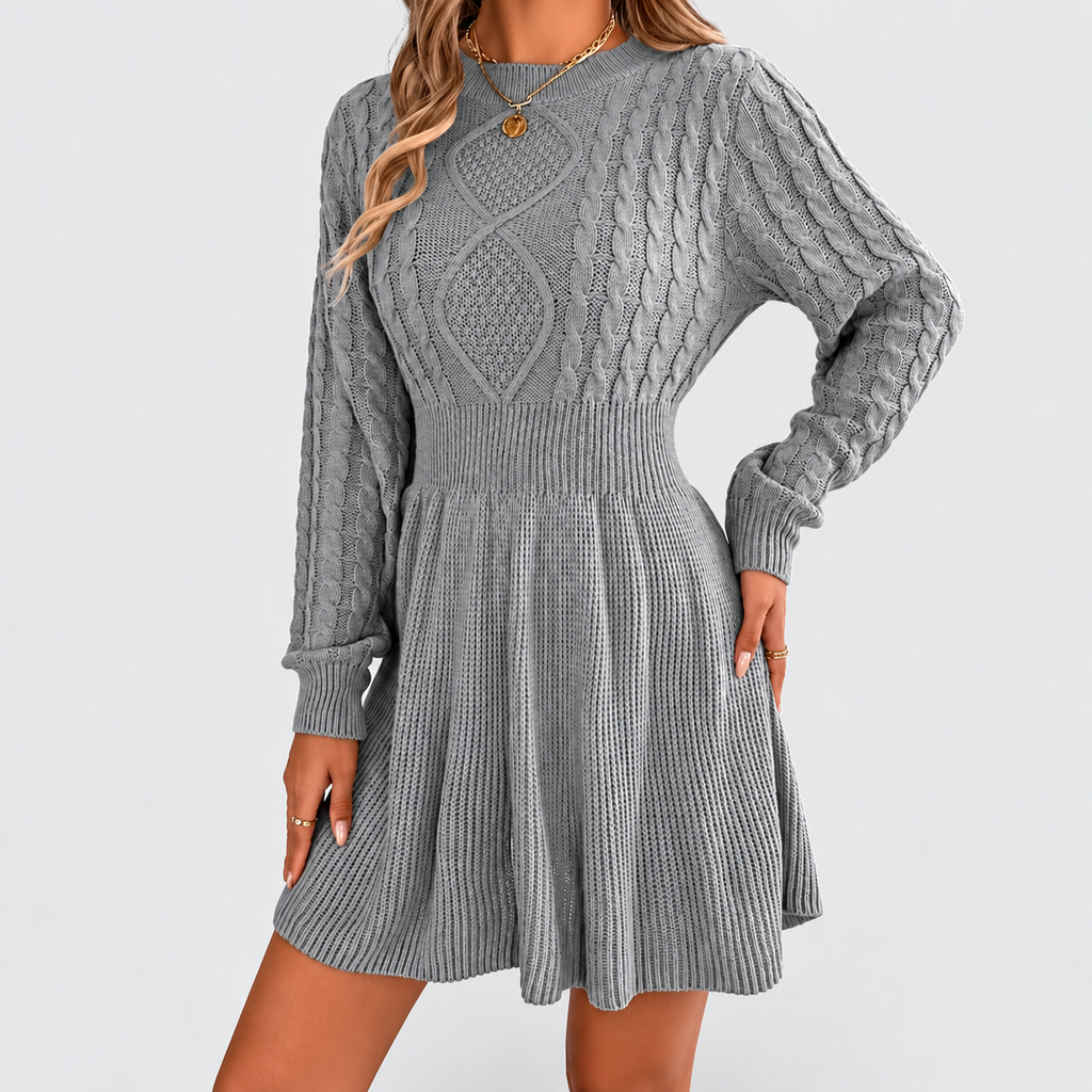 Women's Cable Knit Jumper Dress with Fitted Waist and Flared Skirt — view 3