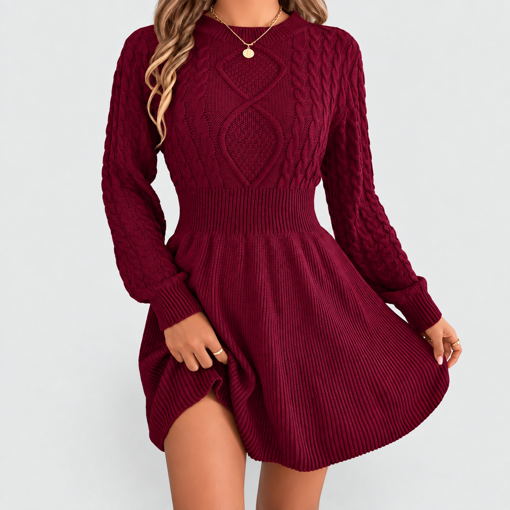 Women's Cable Knit Jumper Dress with Fitted Waist and Flared Skirt — view 6