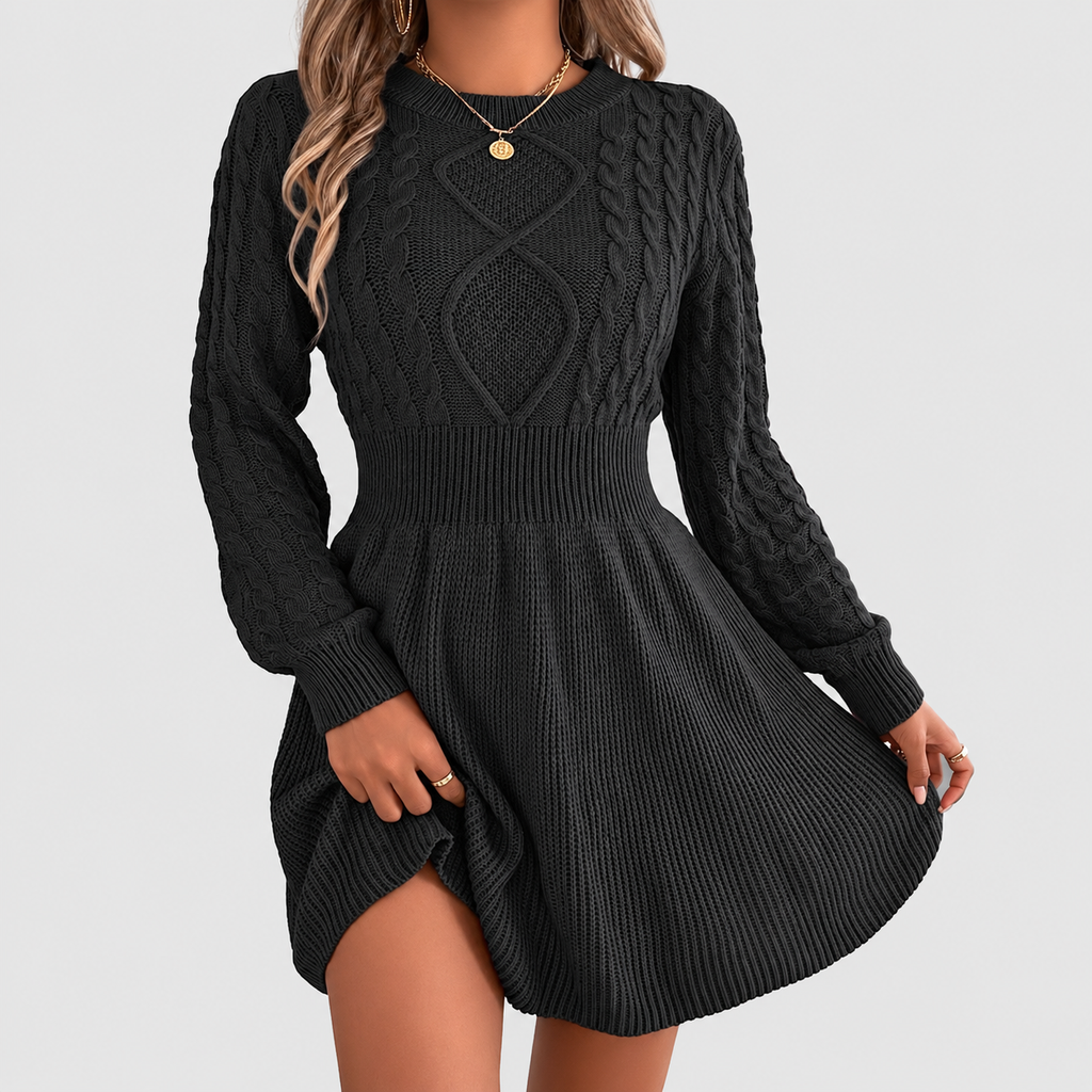 Women's Cable Knit Jumper Dress with Fitted Waist and Flared Skirt in Black — view 7