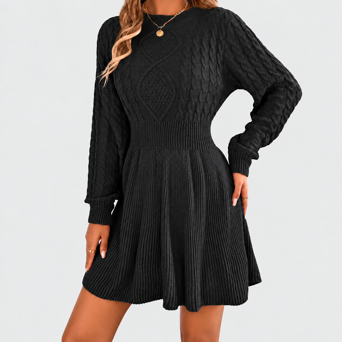 Women's Cable Knit Jumper Dress with Fitted Waist and Flared Skirt — view 8