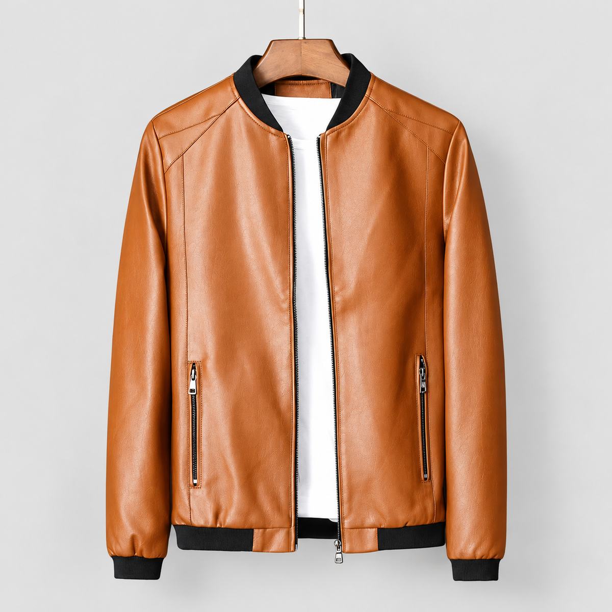 Men's Leather-Look Bomber Jacket with Ribbed Trims in Brown — view 1
