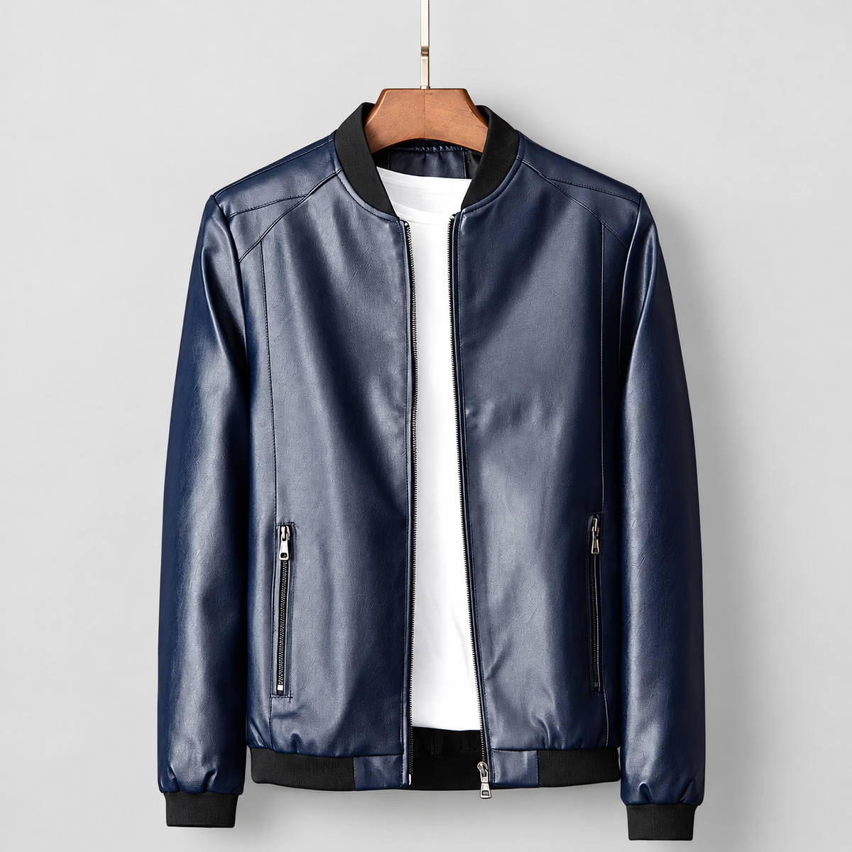 Men's Leather-Look Bomber Jacket with Ribbed Trims in Blue — view 2