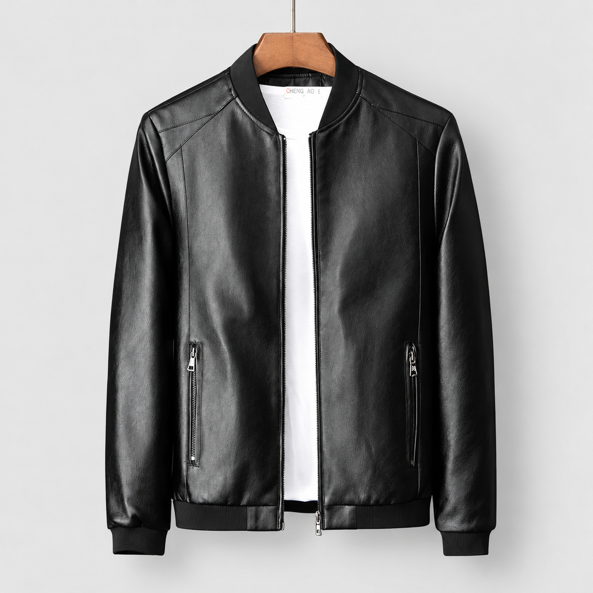 Men's Leather-Look Bomber Jacket with Ribbed Trims in Black — view 3