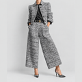 Women's Tweed Two-Piece Suit with Cropped Blazer and Wide-Leg Trousers in Black — view 1