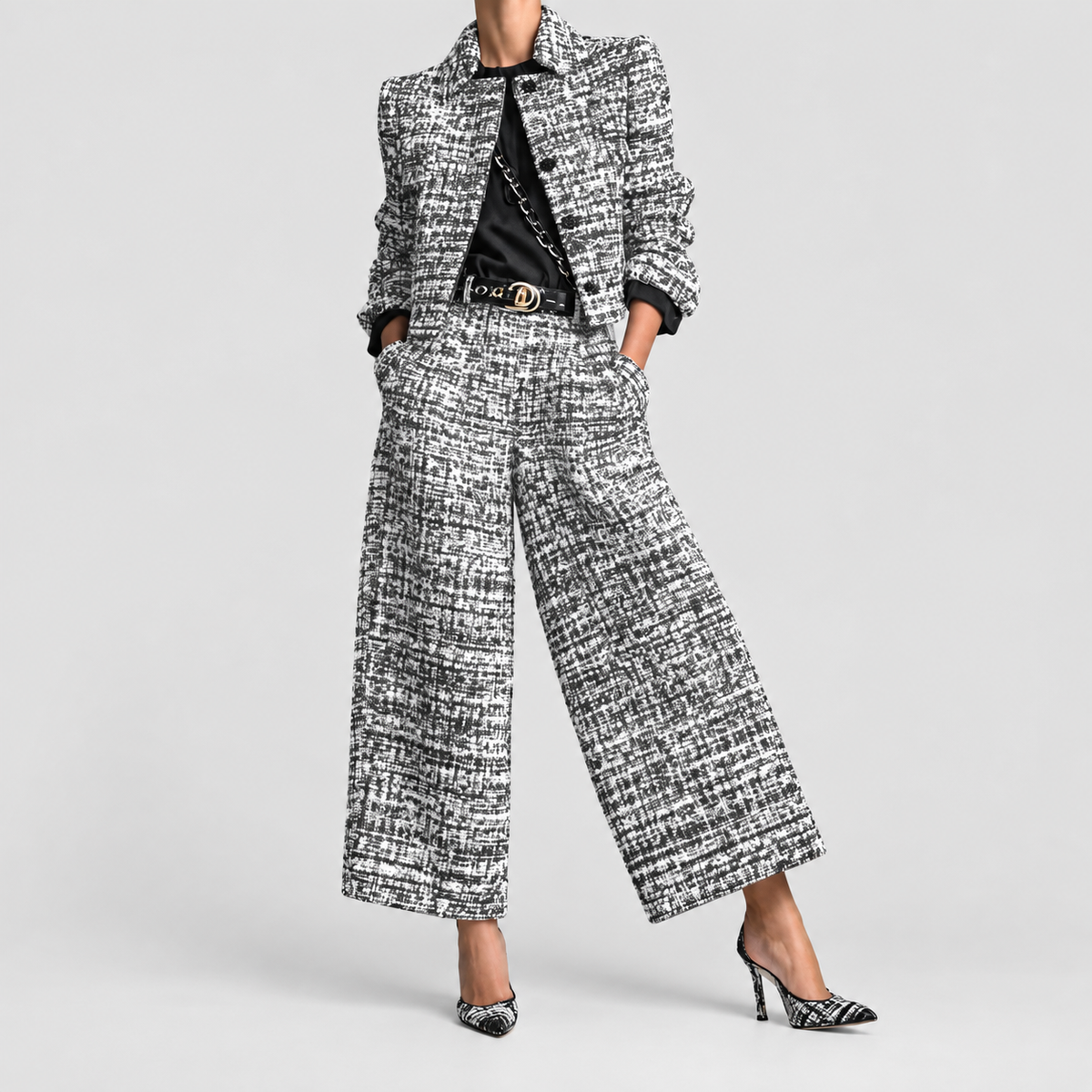 Women's Tweed Two-Piece Suit with Cropped Blazer and Wide-Leg Trousers in Grey — view 2