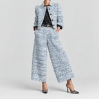 Women's Tweed Two-Piece Suit with Cropped Blazer and Wide-Leg Trousers in Blue — view 3