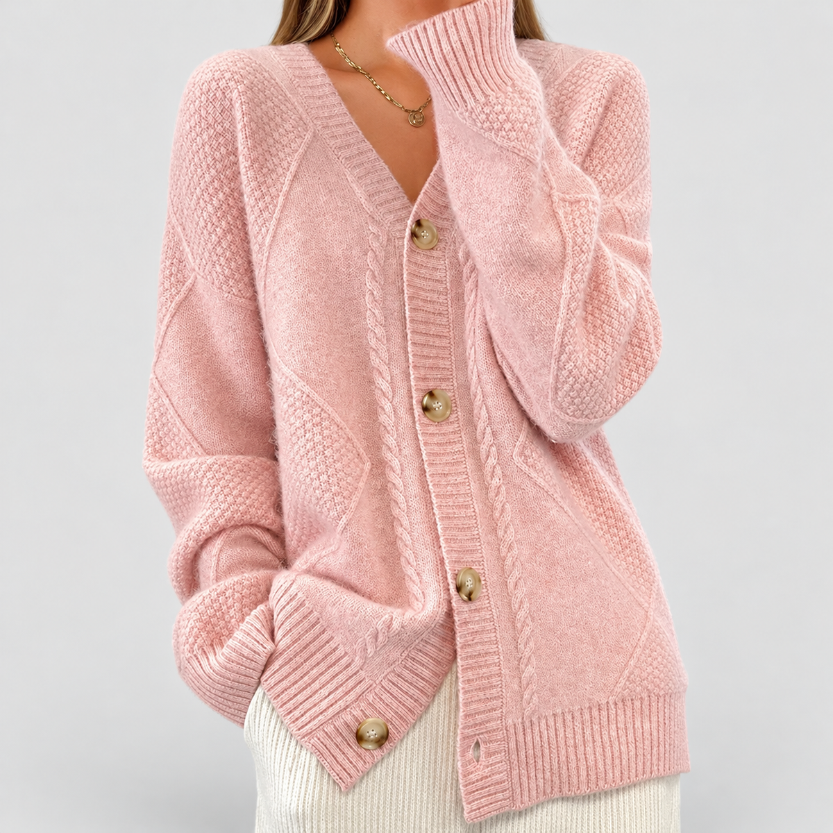 Women's Cable-Knit Button-Front Cardigan in Pink — view 2