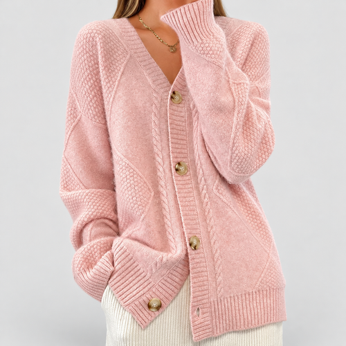Women's Cable-Knit Button-Front Cardigan in Pink — view 2