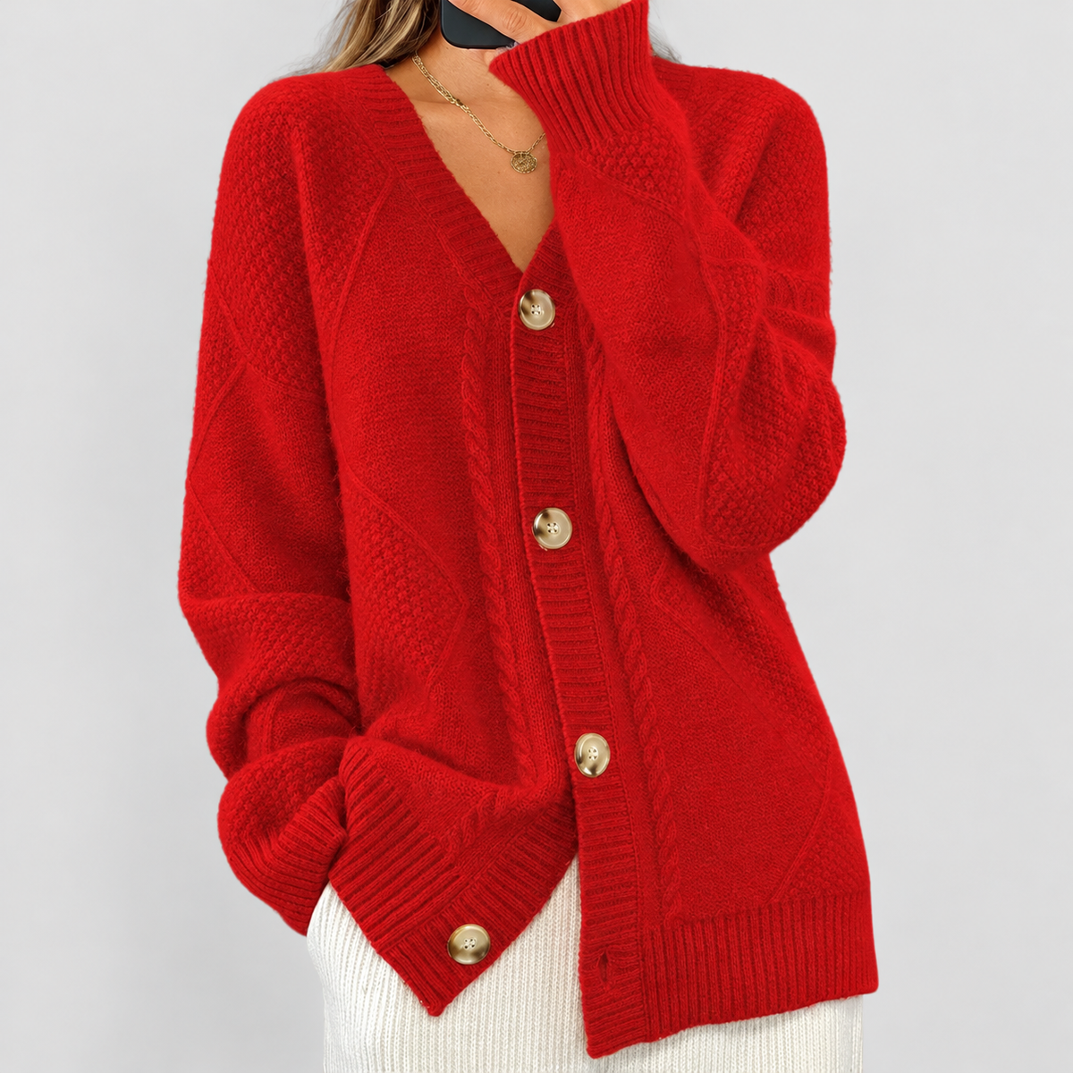 Women's Cable-Knit Button-Front Cardigan in Red — view 3
